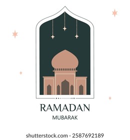 Elegant Ramadan Mubarak vector illustration with a mosque, crescent moon, and stars. Perfect for festive Islamic designs, greeting cards, and Ramadan celebrations