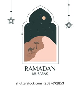 Elegant Ramadan Mubarak vector illustration with a mosque, crescent moon, and stars. Perfect for festive Islamic designs, greeting cards, and Ramadan celebrations