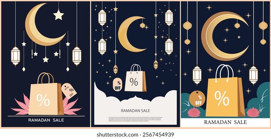 Elegant Ramadan Sale design featuring crescent moons, lanterns, stars, and shopping bags with discount symbols.
 Perfect for promotions, advertising, and festive marketing materials.