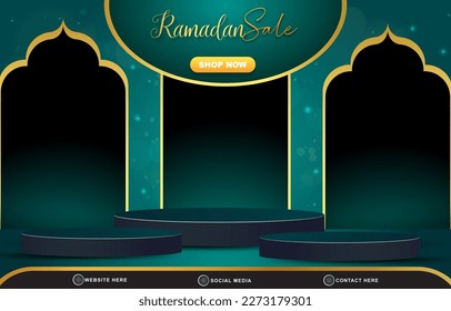elegant ramadan sale discount template banner with blank space 3d podium for product sale with abstract gradient green and blue background design