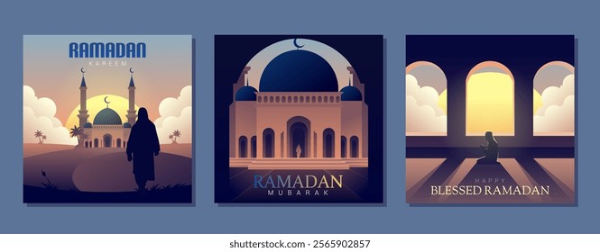 Elegant Ramadan templates featuring mosques, prayers, and serene landscapes in purple hues. Perfect for greeting cards, social media, and religious promotions.
