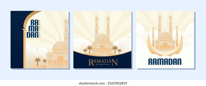 Elegant Ramadan templates featuring mosques, prayers, and serene landscapes in purple hues. Perfect for greeting cards, social media, and religious promotions.