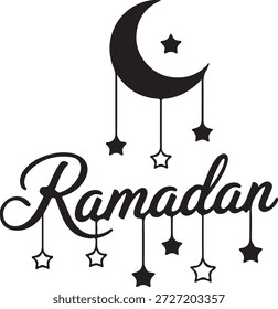Elegante texto "Ramadán" con una luna creciente celestial y estrellas colgantes, perfecto para saludos y decoraciones del mes sagrado.
