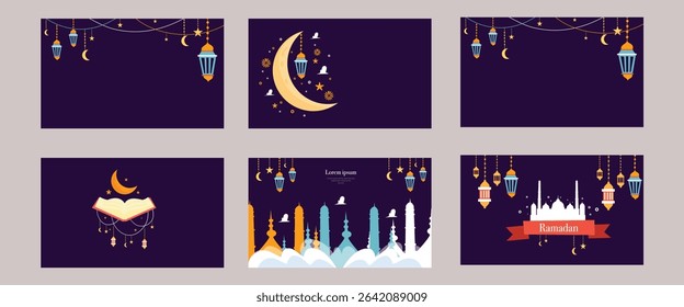 Elegant Ramadan themed backgrounds with crescent moon mosque and lantern elements in festive purple tones
