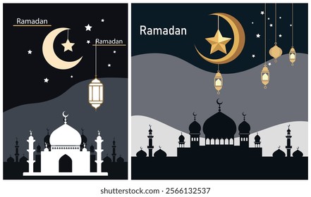 Elegant Ramadan-themed illustrations featuring mosques, crescent moons, stars, and hanging lanterns. Perfect for greeting cards, banners, or social media posts celebrating the holy month of Ramadan