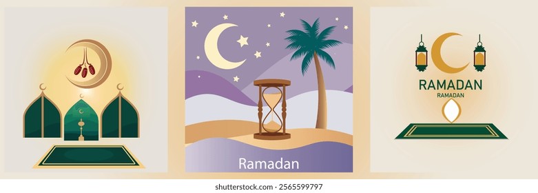 Elegant Ramadan-themed illustrations with mosques, crescent moons, lanterns, and palm trees. Ideal for greeting cards, banners, or festive designs celebrating Islamic traditions