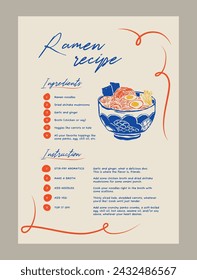 Plantilla de receta de ramen elegante. Ilustraciones de comida y bebida estilo Matisse.