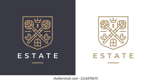 Elegant Real Estate Key Logo. Ornate Heraldic Crossed Keys Line Icon. Vintage Property Insignia Crest Symbol. Vector Illustration.