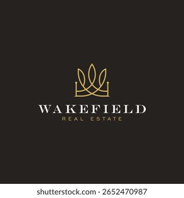 Elegant real estate logo template with a gold crown symbol and serif typography, perfect for premium property branding and upscale identity.