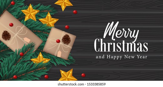 elegant realistic fir leaves garland decoration, pine cone, golden star, present box on the black wood background for christmas poster banner template