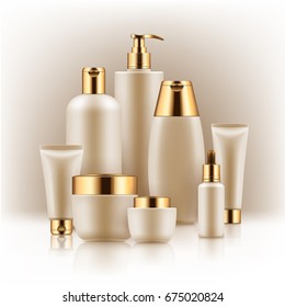 Elegant realistic packages for cosmetic product. Blank templates of containers vial with dropper, bottle for shower gel, lotion, shampoo with pump dispenser, jar, tube for cream. White and golden
