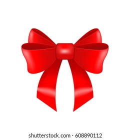 Elegant realistic red bow isolated on white background. Festive satin ribbon. Vector illustration for banner, website, advertisement, party invitation, greeting card.