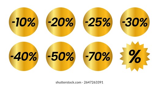 Elegant realistic round golden gradient vector stickers with -50% off signs. Perfect for retail promotions, sales, Black Friday, special offers. Luxury metallic sale badges, fully editable. EPS10
