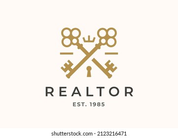 Elegante realtor cruzó el logo de las llaves. Icono de la línea clave de la agencia inmobiliaria de lujo. Símbolo vintage de la marca real. Ilustración vectorial.