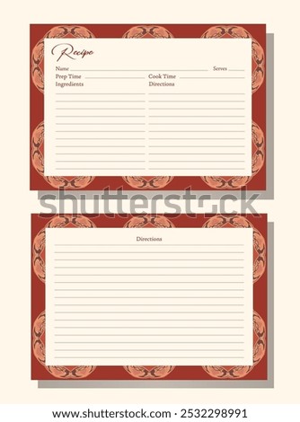 Elegant recipe cards with abstract patterns. Rectangular shape with red background. Intricate swirling gold and orange design. Card includes sections for recipe details and directions to cook.