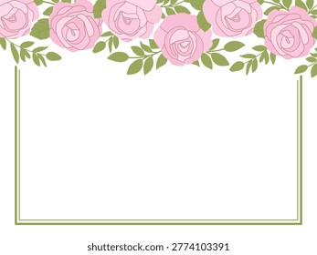 Elegant rectangular double line green border with a horizontal floral arrangement of pink roses and green leaves along the top edge on a white background
