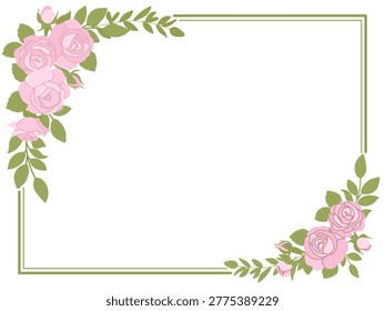Elegant rectangular double line green border decorated with pink rose bouquets and green leaves in corners for wedding or marriage invitation template