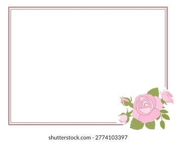 Elegant rectangular double line pink border with a delicate bouquet of pink roses and green leaves in the bottom right corner on a white background template