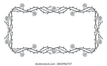 Elegant rectangular floral border design featuring thorny rose branches and delicate blossoms on a white background.