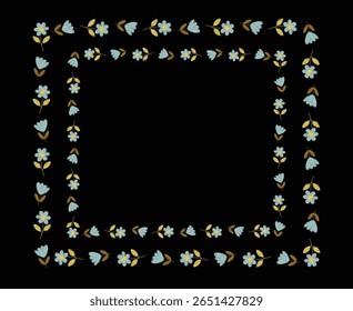 An elegant rectangular floral frame featuring hand-drawn blue flowers and golden leaves on a black background. This soft and charming design is ideal for wedding invitations, romantic cards