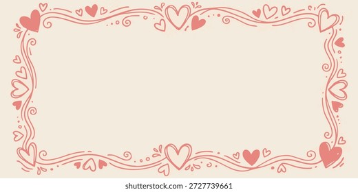 Elegante marco rectangular adornado con corazones y puntos, formando un borde decorativo sobre un fondo beige suave visto directamente desde arriba