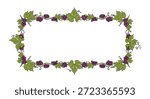 Elegant rectangular frame composed of winding grape vines with lush green leaves and clusters of ripe purple grapes.