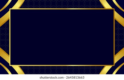 Elegant rectangular gold frame floats above ornate luxury blue background and glossy ribbons, offering sophisticated space for text or branding.