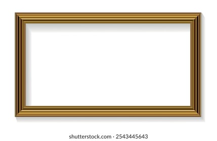 Elegant rectangular golden picture frame with shadow isolated on white background. Vector illustration