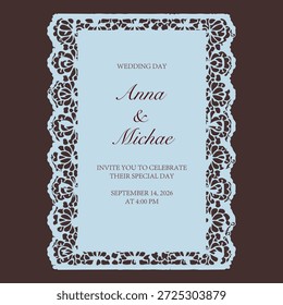 Guardar Elegante marco de encaje rectangular con borde de remolino de papel de recorte decorativo, invitación romántica de boda o la Plantilla de la tarjeta de fecha, etiqueta ornamental vintage, Ilustración vectorial.