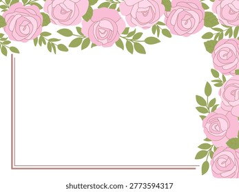Elegant rectangular thin pink double line border with lush floral arrangements of pink roses and green leaves along the top and right edges on white background