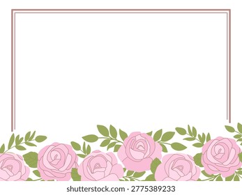 Elegant rectangular thin pink double line border with a horizontal floral arrangement of pink roses and green leaves along the bottom edge on a white background