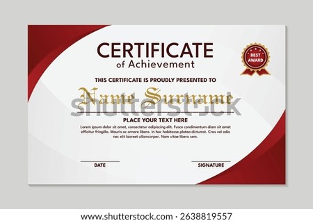 Elegant red achievement certificate template curved design, certificate or achievement template with gold ribbon.