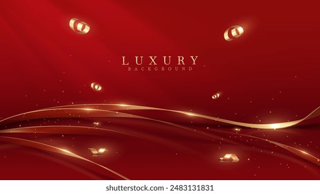 Elegant red backdrop decorated with golden ribbons and sparkling light effects. The backgrounds are ideal for celebrating holidays, birthdays, and special occasions. or award ceremony.