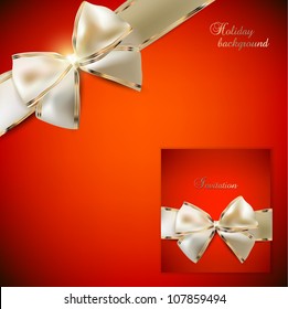 Elegant red background and Gift Card with ribbons. In a same style