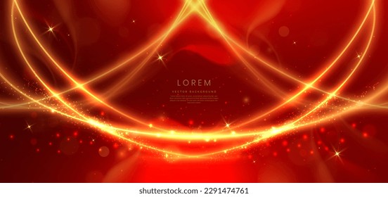 Elegant red background with glowing gold curved lines and lighting effect and sparkle with copy space for text. Luxury design style. Vector illustration