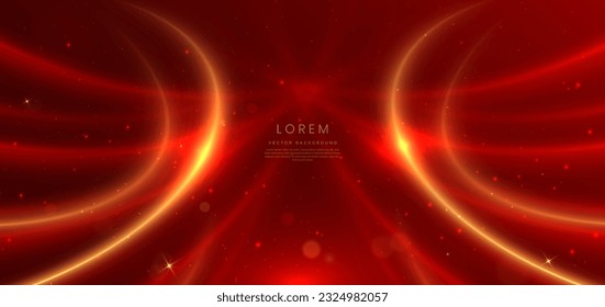 Elegant red background with glowing gold curved lines and lighting effect and sparkle with copy space for text. Luxury design style. Vector illustration