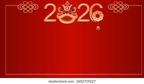 Elegante fondo rojo con marco dorado y tipografía 2026 con Elementos decorativos chinos y linterna.