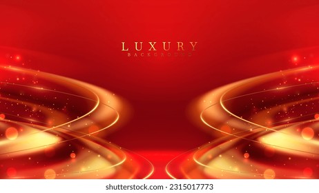 Elegant red background with gold light rays motion effects and bokeh decoration, Luxury scene design concepts.