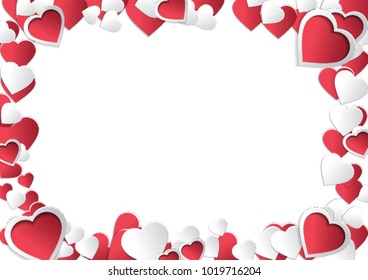 Elegant red background with hearts and frame for your content. Valentine's Day. Vector Illustration.