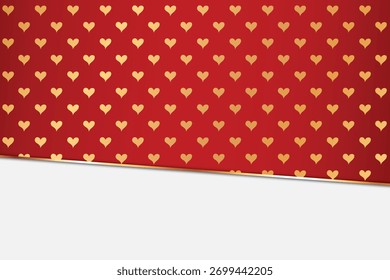 Fundo vermelho elegante com um padrão de ouro coração repetitivo e um efeito gradiente metálico