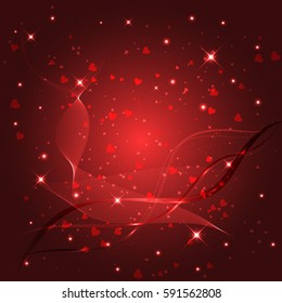 Elegant Red Background with Transparent Waves and Romantic Love Hearts. Vector Illustration