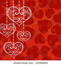 Elegant red background. Valentine's day background with white hanging hearts. Vector illustration.