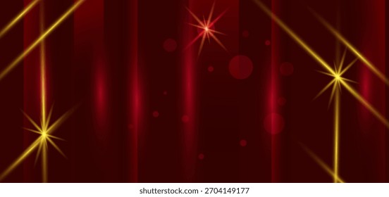 Elegante fondo rojo con tiras de luz de Vertical, rayos dorados brillantes, esteladas y sutiles efectos bokeh. Perfecto para eventos festivos, escenarios o celebraciones de lujo.