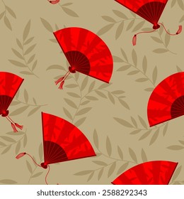 Elegant red, beige and brown seamless pattern with handfan and branches with leaves, natural botanical asian background for wallpaper, fabric, wrapping paper, texture, simple vector design