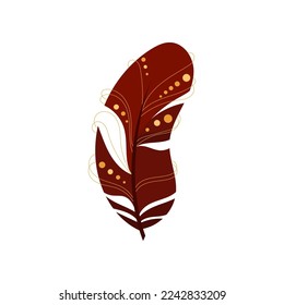 Elegant red bird feather cartoon illustration. Graphic bright quill with abstract pattern for web design isolated on white background. Plumage concept.