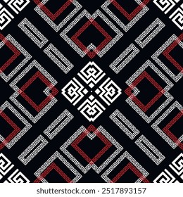 Elegant red black white greek style rhombus mazes geometric seamless pattern. Vector ornamental greek meander background. Repeat tribal ethnic ornaments. Modern abstract ornate design. Endless texture