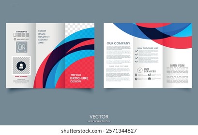 Elegant red and blue wave business tri fold brochure template design. Vector graphics.