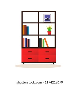 Elegant red bookcase, flat style isolated on white background.