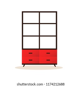 Elegant red bookcase, flat style isolated on white background.