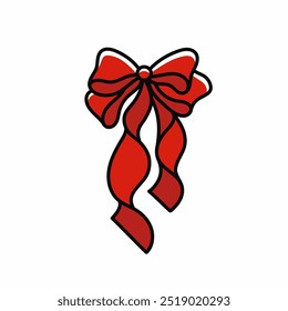 Elegant red bow with beautiful ribbons. Beautiful holiday decorative element, festive gift decor. Design element. Vector illustration isolated on white background